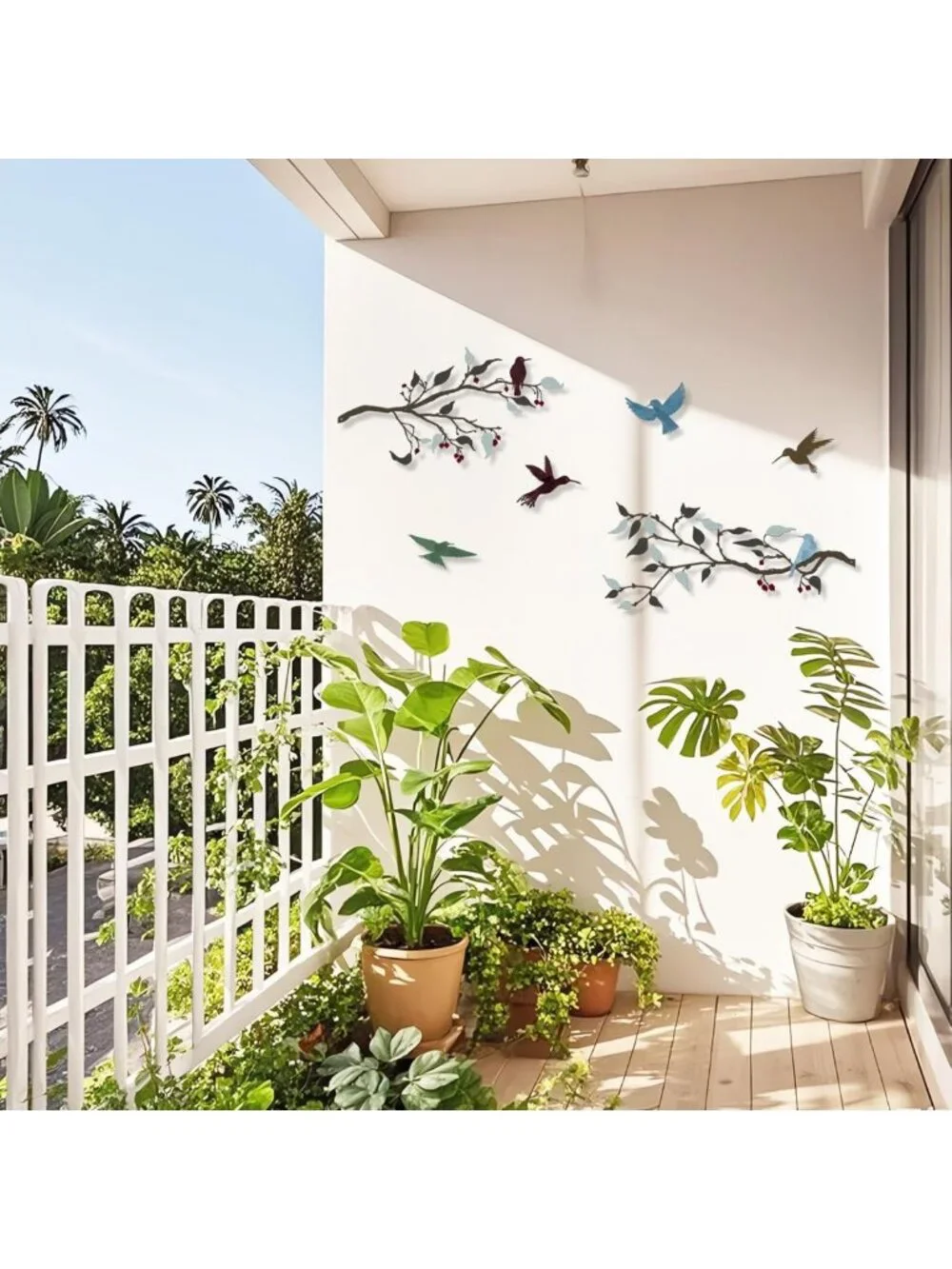 Colorful Metal Birds Wall Decor - Hummingbirds & Leaves Sculpture for Home